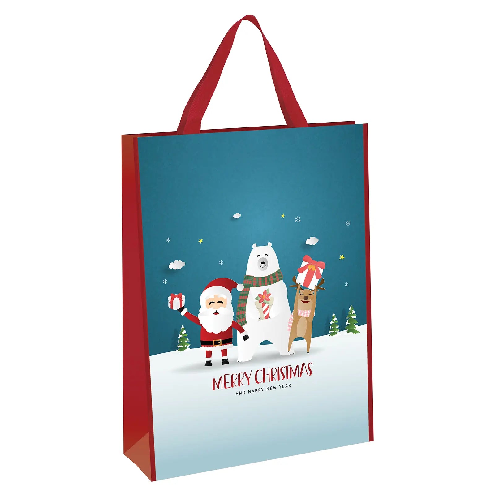 Blue & red christmas gift bag featuring cute santa claus, polar bear and reindeer design